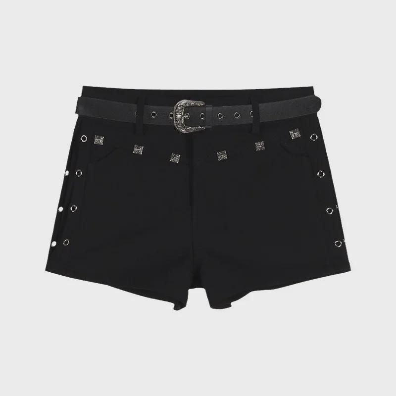 Женские узкие прямые черные повседневные шорты с высокой талией и заклепками - летние джинсы-скинни в американском стиле