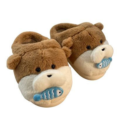 Новые пушистые тапочки с изображением медведя, поедающего рыбу, женские плюшевые шлепанцы для дома, женские теплые тапочки, забавные зимние тапочки с изображением животных