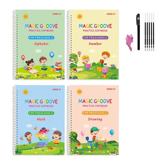 4Pcs Grooved Writing Practice Book with Pens Refills Pencil Gripper Reusable