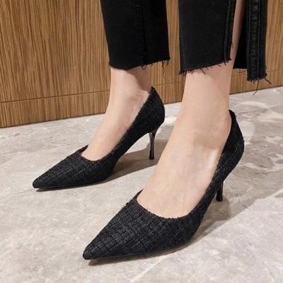 Женская мода туфли на тонком каблуке осень новые остроконечные головки неглубокий рот фланелевое лицо без застежек темперамент высокие каблуки