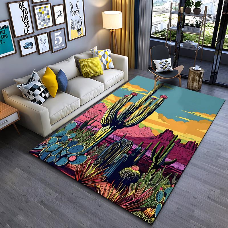 Vibrant Desert Landscape Carpet with Colorful Cacti and Sunset Scene Suitable for use as an anti-slip for living room bedroom sofas