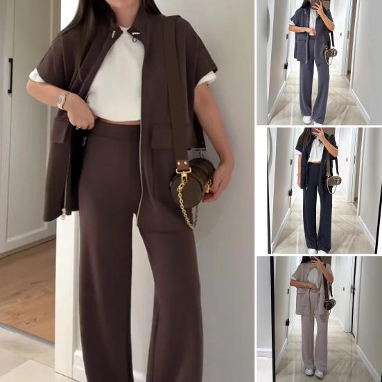 Women's Two Piece Outfit Casual Full Zip-up Short Sleeve Shirt And Wide Leg Pants Set Casual Lounge Tracksuit