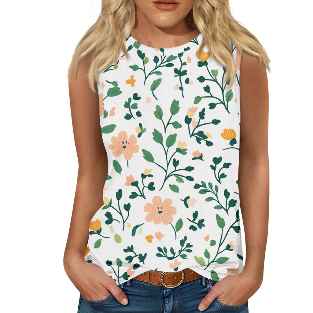 Women's Casual Round Neck Printed Sleeveless Vest Tops Vest