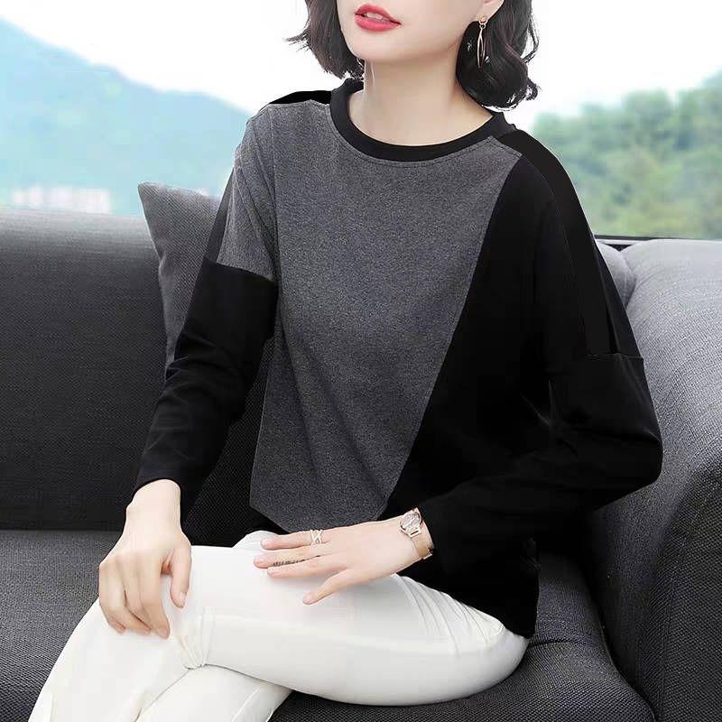 Casual Simple Fashion Contrasting Colors Pullover Autumn Women's Long Sleeve T-shirt Loose Spliced O-Neck Top