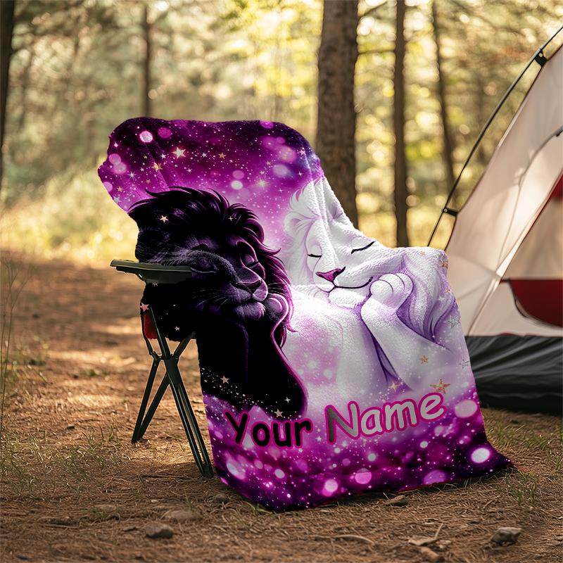 1PC Custom Name Lion Love Stars flannel blanket versatile,all-season throw suitable for the living room,bedroom,camping,travel,and gift