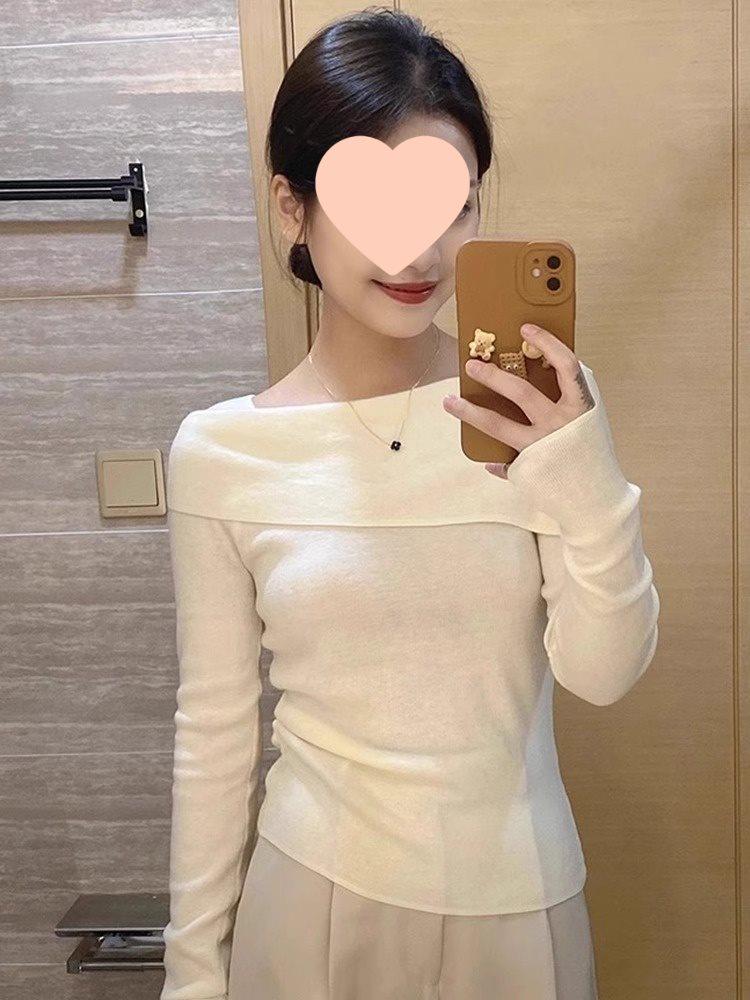 French Style Off-Shoulder Knitted Long-Sleeve Top for Women - Spring/Autumn 2025 Slim-Fit Sweater