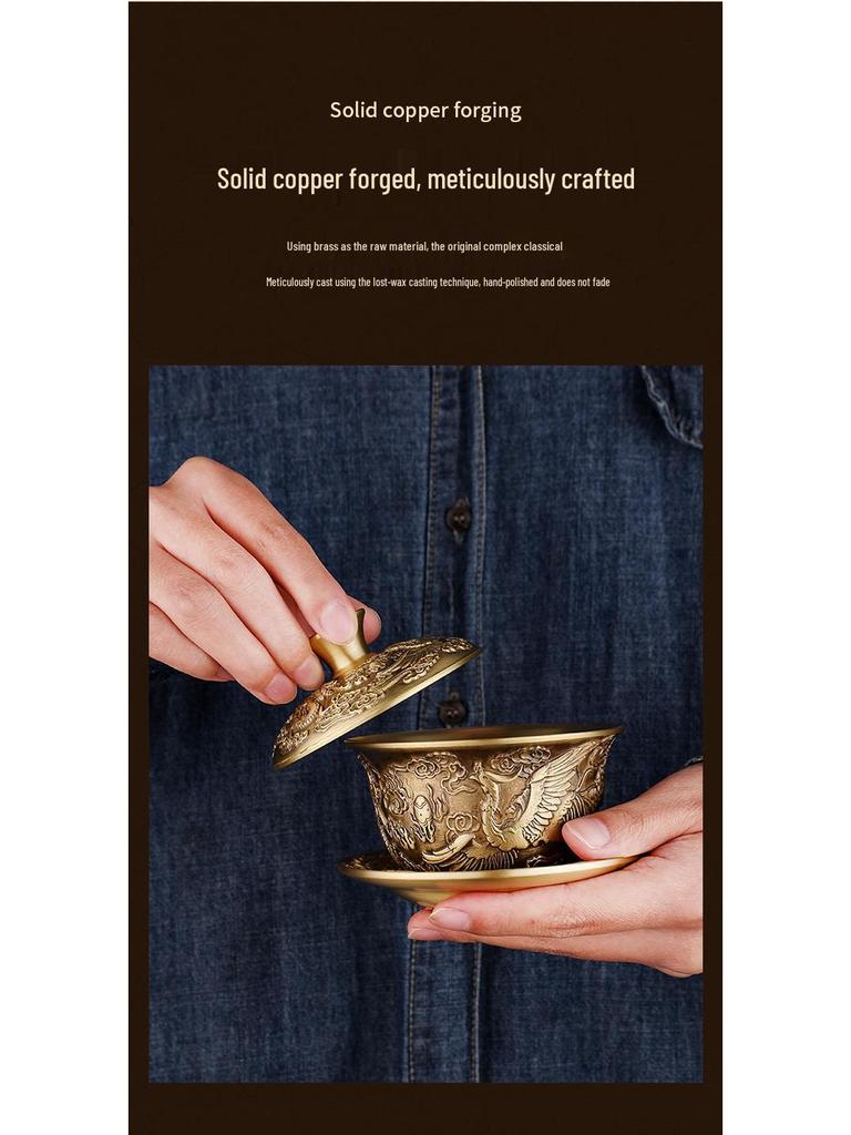 Антикварный набор чайных чашек из латуни: Мотив Дракона и Феникса с бронзовыми украшениями, коллекция из 3 предметов