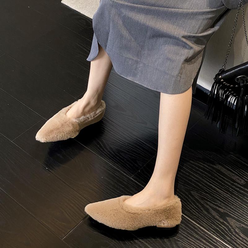 Балетки с острым носком и мехом, женские, зимние, теплые, плюшевые, неглубокие лоферы, женские лаконичные меховые туфли на каблуке для платья, Zapatos Mujer