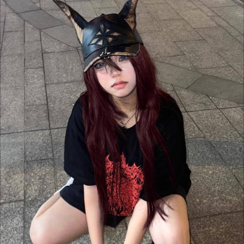 2000s Dog Ear Baseball Hat for Women Men Dystopian PU Leather Hat Subcultures Streetwear Hiphop Hat Daily Party Headwear