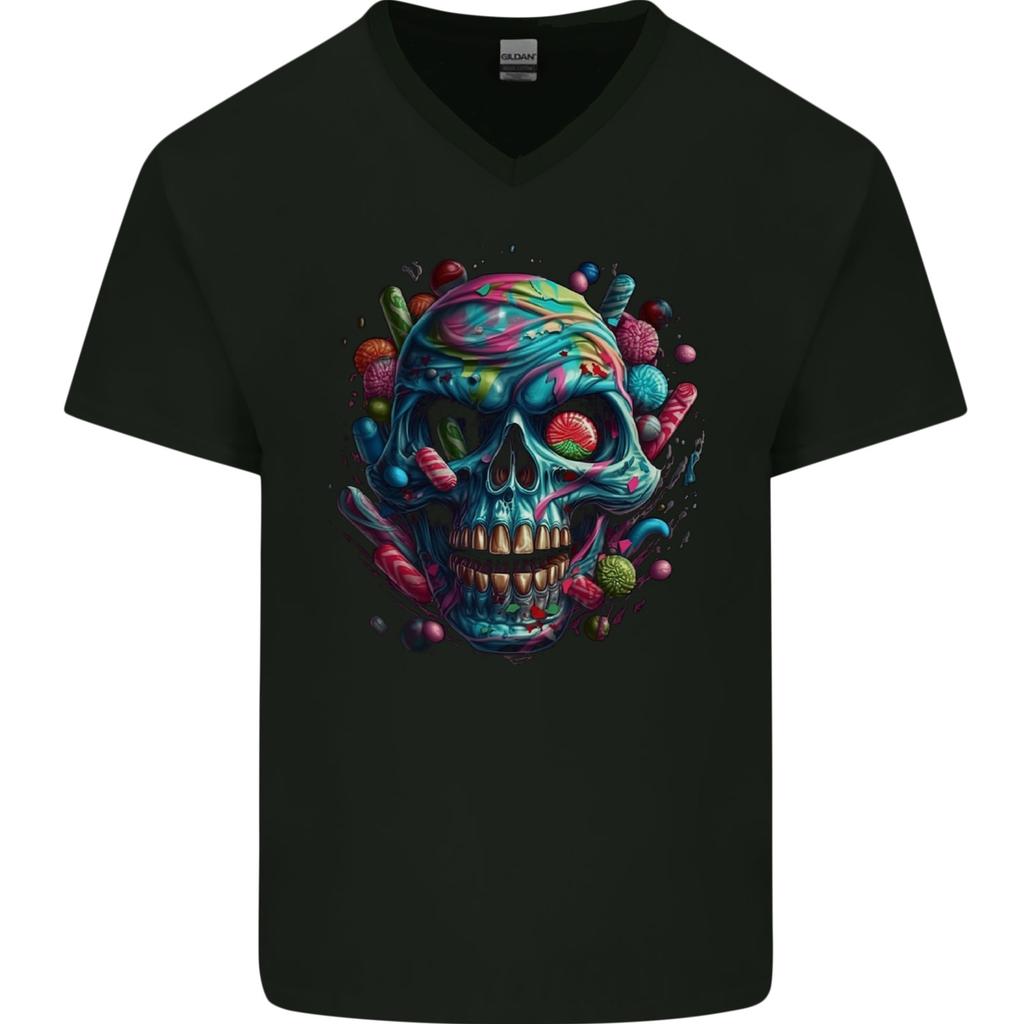 Candy Skull Mens V-Neck Cotton T-Shirt