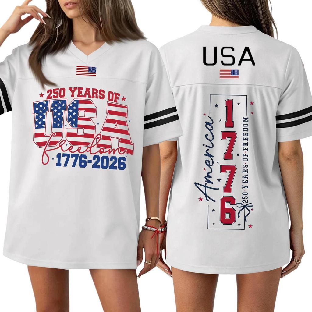 Женская повседневная модная спортивная футболка с V-образным вырезом, принтом ко Дню независимости, коротким рукавом, топ