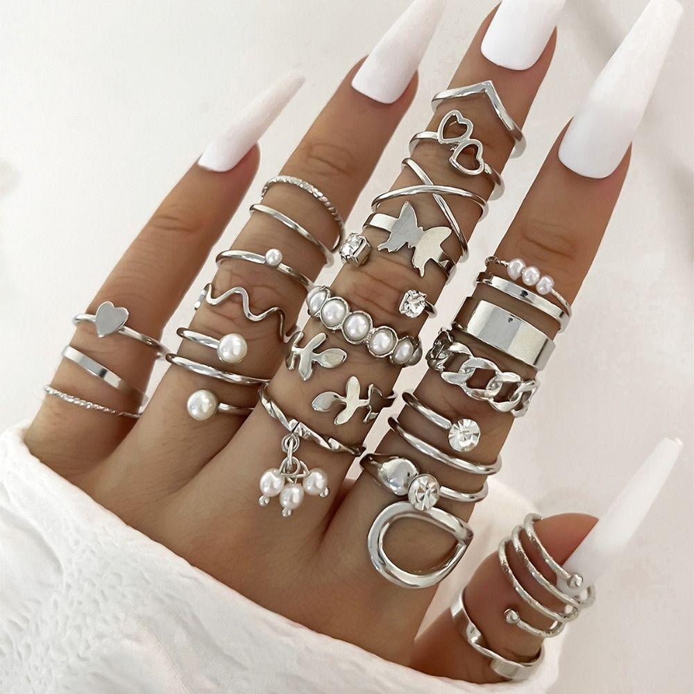 Gold/Silver Wave Joint Rings Set Alloy Love Chain Joint Ring New Multi Style Ring Set  Woman