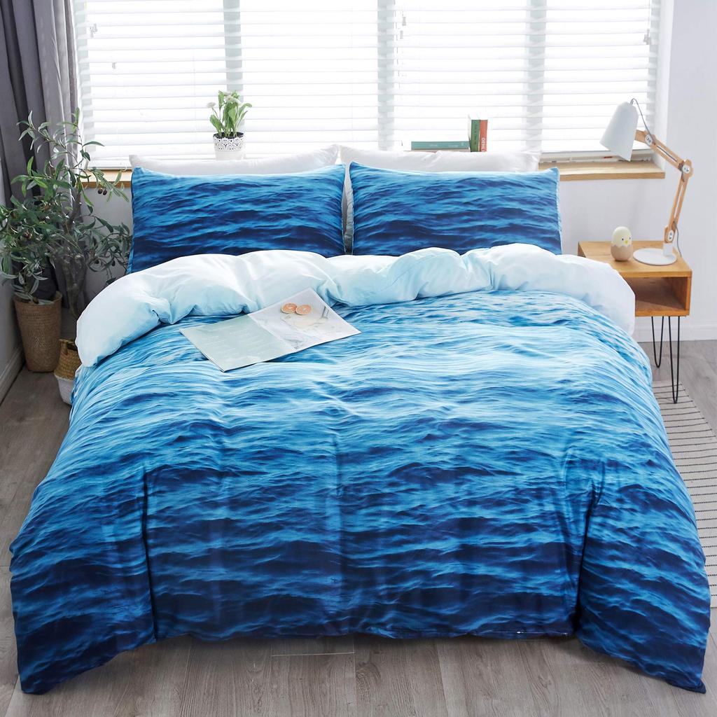 Wave Duvet Cover King/Queen Size 3D Blue Ocean Spray Waves Bedding Set For Kids Teens,Azure Seawater Soft Comforter Cover