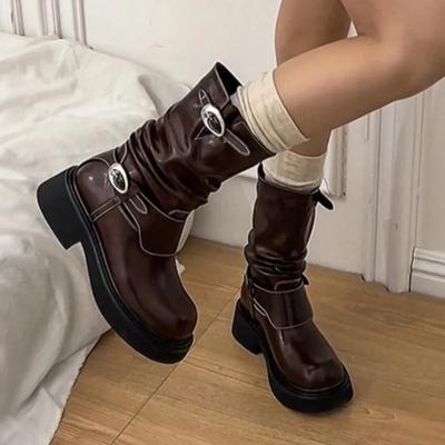 Женские ботинки, ретро-ботфорты 2024, новая коллекция весна-осень, универсальные модные ботинки с круглым носком, с пряжкой на ремне, на низком каблуке, Botas Mujer