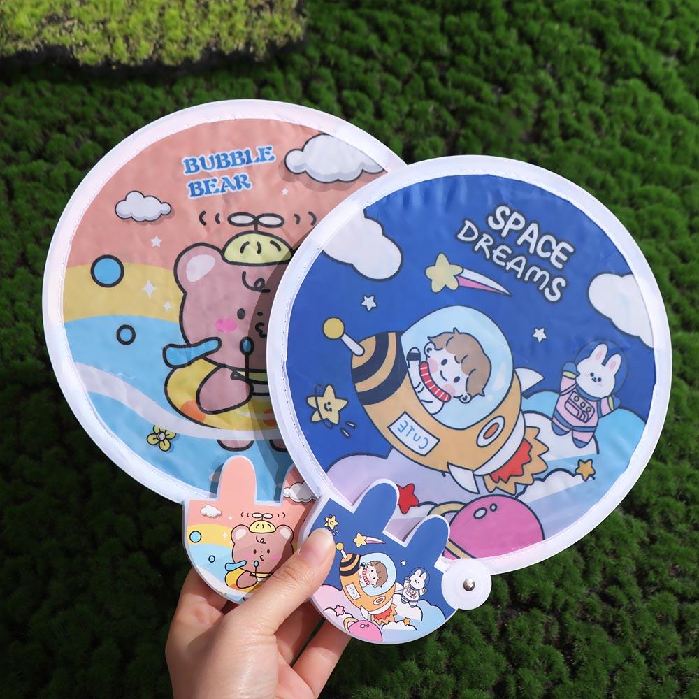 Hand-operated Mini Round Fan With Handle Portable Cloth Fan Cartoon Folding Round Fan  Summer