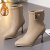 Модные милые ботильоны женские зимние повседневные туфли с острым носком женские туфли из цельного флиса на среднем каблуке с металлическим украшением современные ботинки