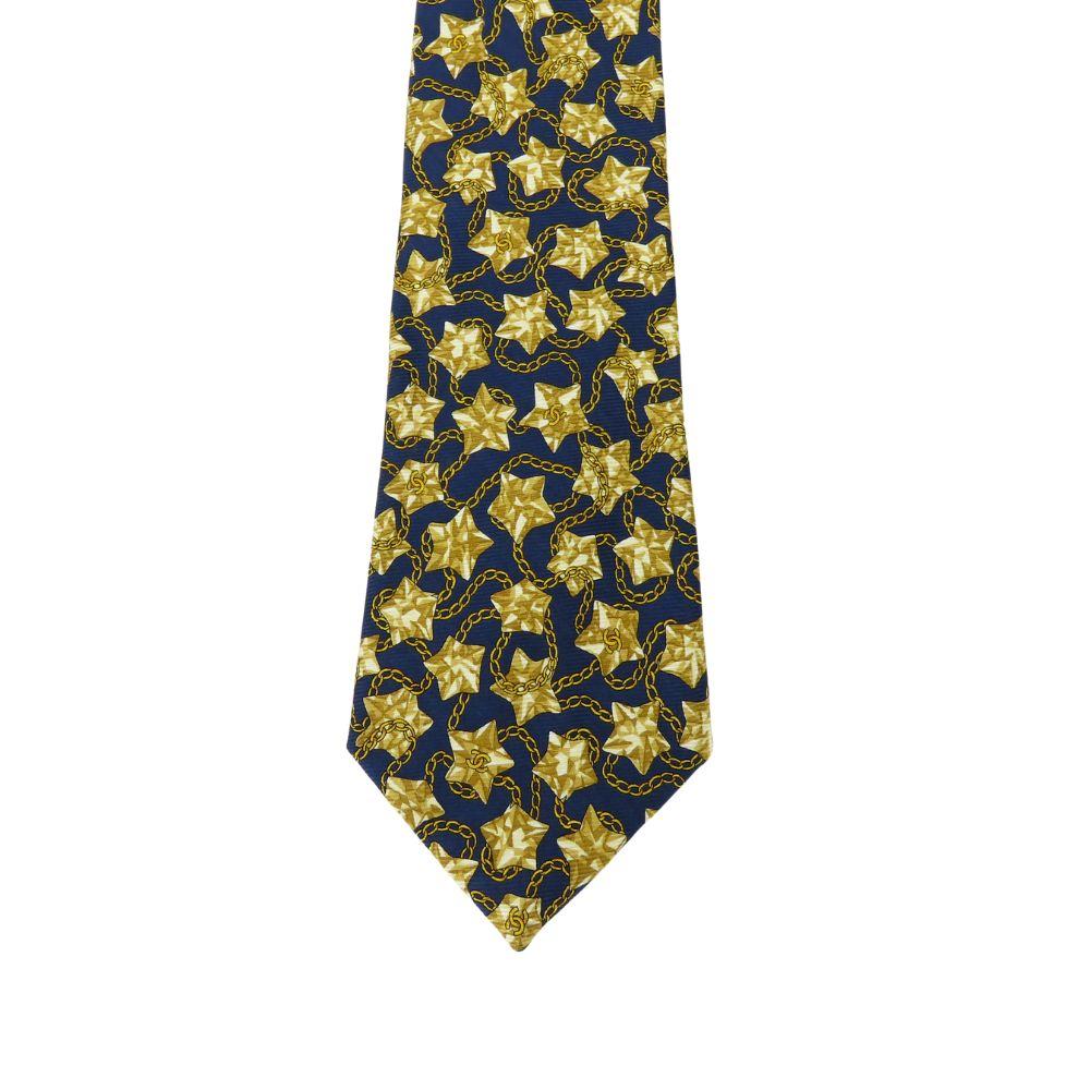 Used CHANEL tie COCO Mark Star Chain silk Navy gold suit