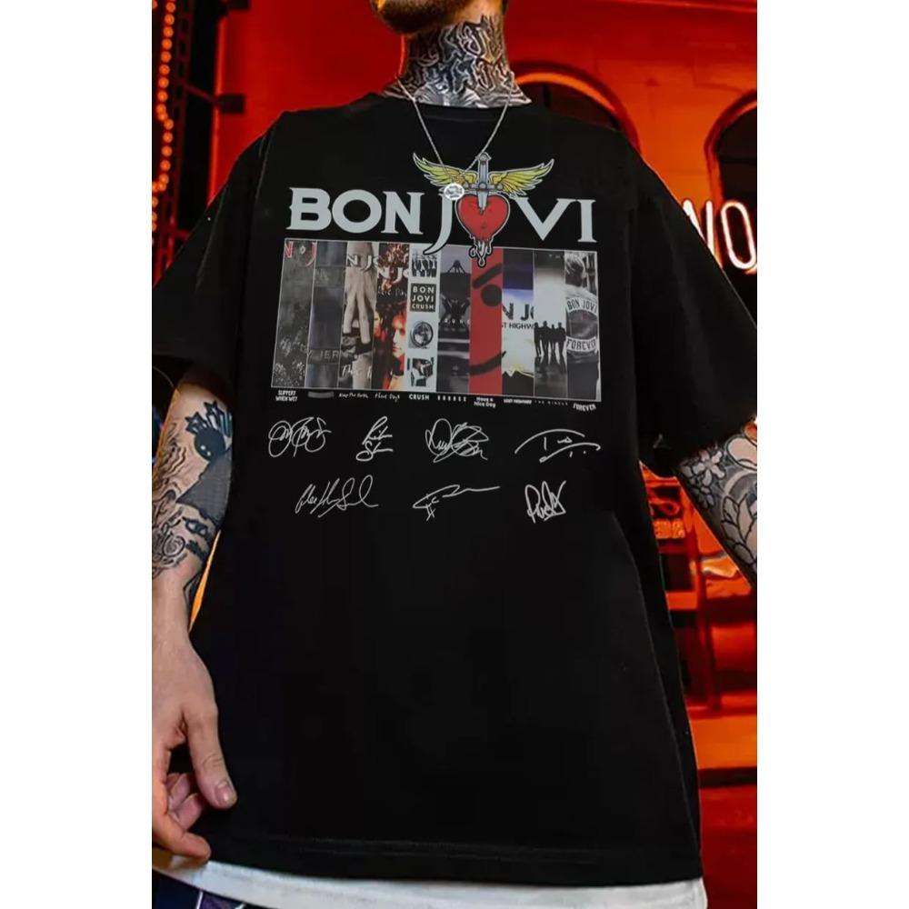 Summer Hot Sale Bon Jovi Band Album Collage Signature Graphic T-Shirt Y2K Men Women Gothic Print Crew Neck Lightweight Casual T Shirt