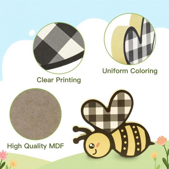 3 Pcs Wooden Bee Table Sign Spring Honey Bee Tabletop Block Sign Farmhouse Bee Centerpiece for Tiered Tray Home Mantel Shelf Desk Decor
