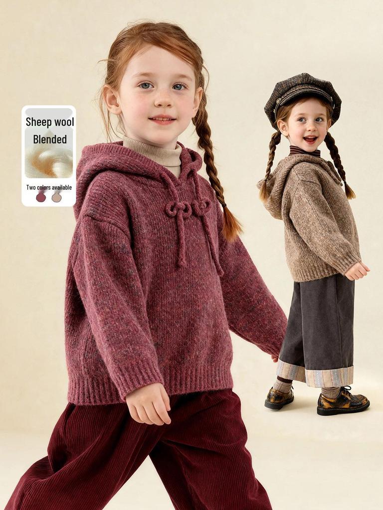 Зимний однотонный худи для девочек 2025 года - Вязаный кардиган из смесовой хлопково-шерстяной пряжи