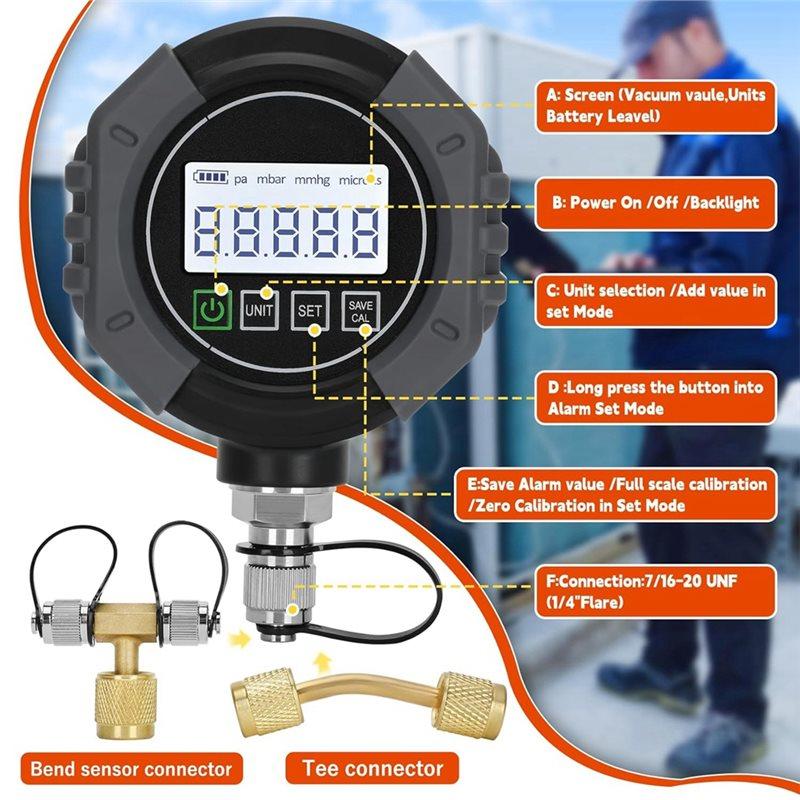 Цифровой вакуумметр A74E-Pro, Тестер давления HVAC с сигнализацией, Микронный манометр HVAC 0-75 000 микрон, 7/16-20 UNF, 1/4 дюйма SAE