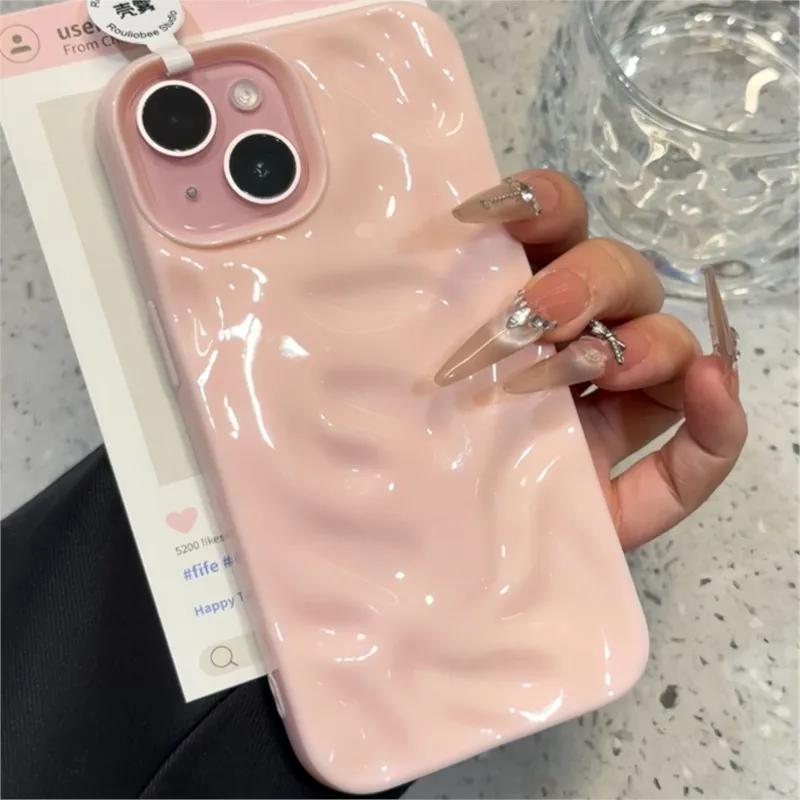 Роскошный 3D чехол с эффектом мятой бумаги для iPhone 16 15 14 17 Pro Max 12 11 13 Конфетный однотонный Волнообразный узор Мягкий силикон Эстетичная задняя крышка