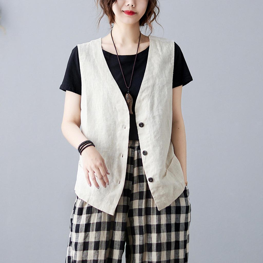 Retro Linen Vest For Women Loose And Versatile Sleeveless Casual Slim Vest Solid Color Waistcoat Cotton And Linen Short Jacket