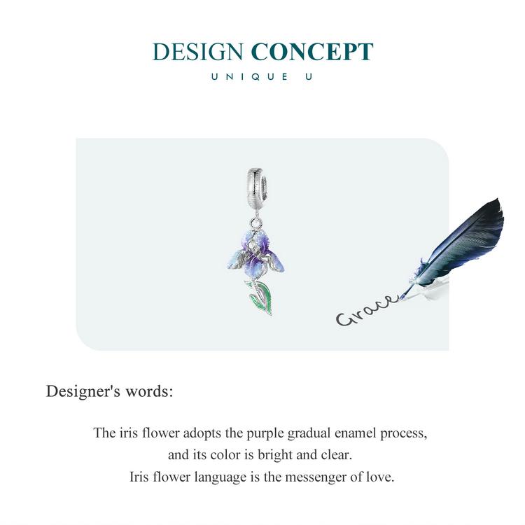 BAMOER Стерлингового Серебра 925 пробы Цветок Ириса Висячие Бусины Фиолетовый Постепенный Эмаль Подвески для Женщин Браслет и Ожерелье Ювелирные Изделия DIY