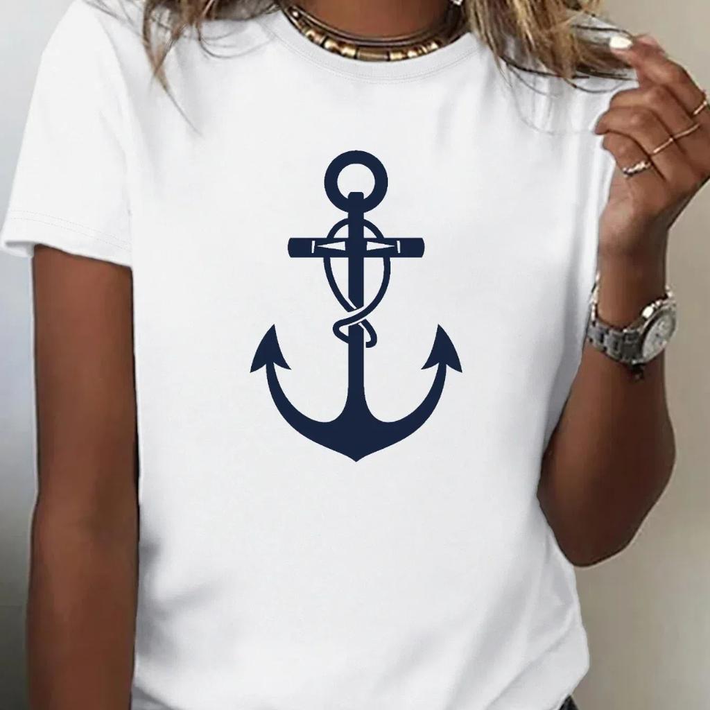 2024 новая стильная футболка для женщин, топ с принтом якоря, летние футболки большого размера для женской одежды, женская мода с круглым вырезом, большие размеры