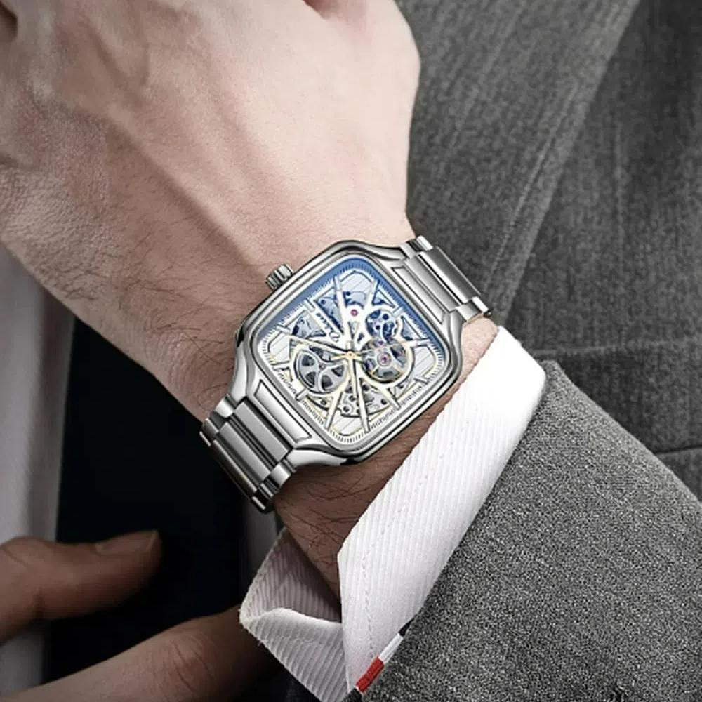 Trend Silver Watches Square Dial Stainless Steel Luxury Hollow Skeleton Mechanical Watch Waterproof Male Gifts Reloj Automático