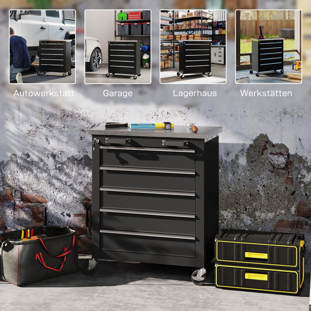 Rolling Steel Tool Cabinet Toolbox with 5 Drawers, Silver and Black