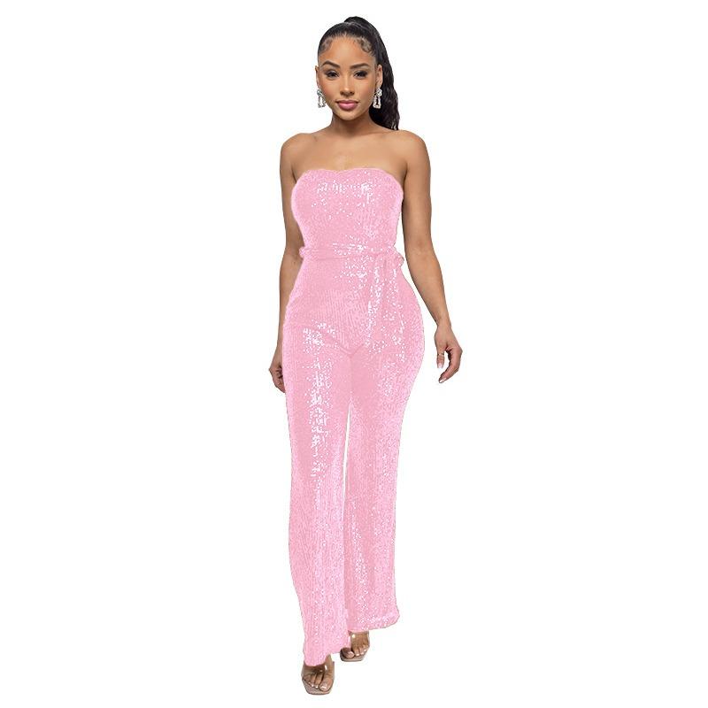 Женский комбинезон без рукавов с поясом из пайеток, однотонный, с открытой грудью и спиной