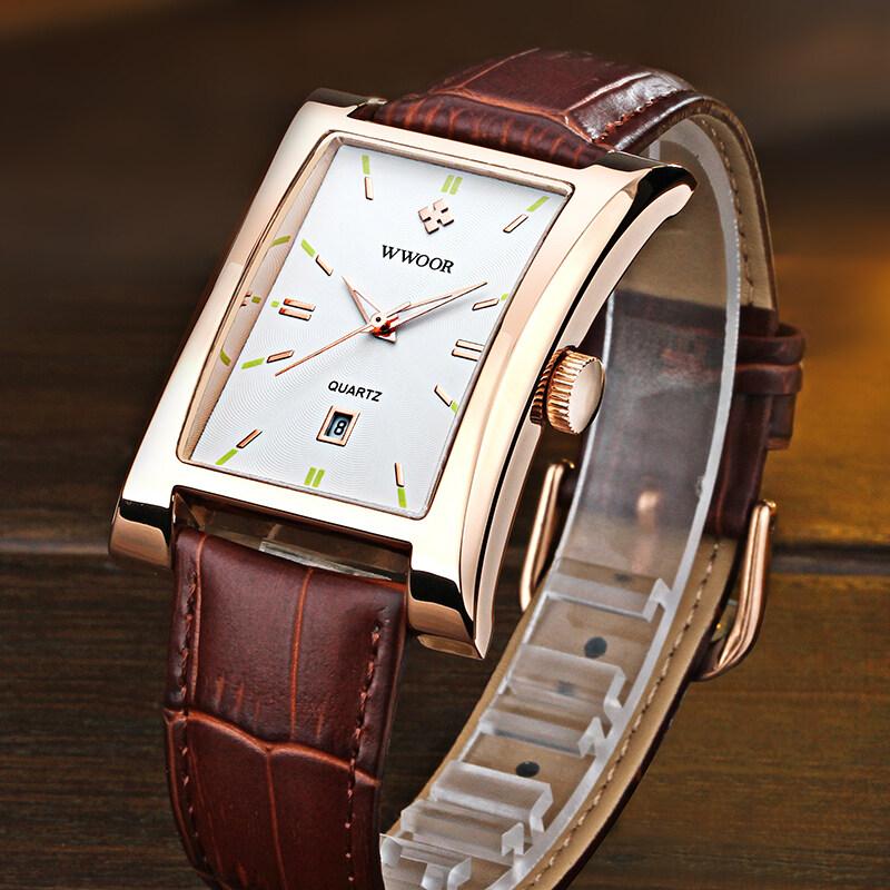 WWOOR Classic Fashion Mens Rectangle Watches Male Gold Brown Leather Quartz Waterproof Wrist Watch