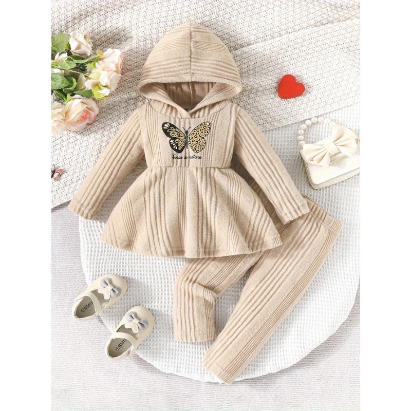 Two-Piece Girl Sweet and Gentle Spring/Autumn New Butterfly Print Letter Hoodie Sweatshirt and Pants Set, Perfect for Outdoor, Knit