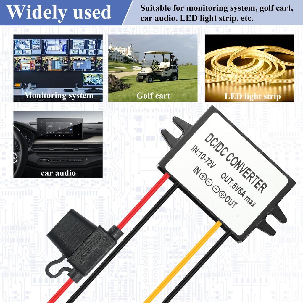 YBBOTT 5A 25W Подходит для автомобильного светодиодного понижающего DC/DC преобразователя, 10В-72В 5В, DC/DC преобразователь, 12В/24В/36В/48В/60В, Аудио, Интерком, Дисплей,