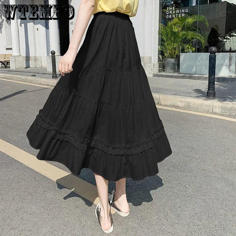 WTEMPO Черная длинная плиссированная юбка в стиле Лолиты в готическом стиле, женские винтажные юбки-миди с высокой талией и оборками в стиле Харадзюку, летняя корейская уличная одежда
