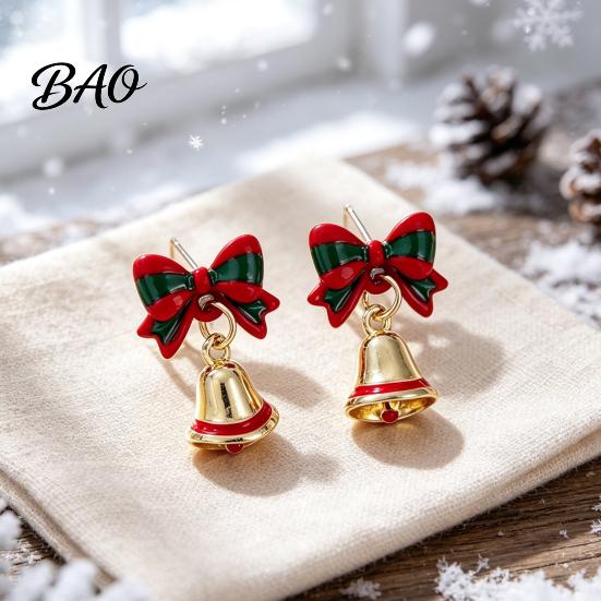 Holiday Gift for Her 1 Pair Jingle Bell Stud Dangle Drop Earrings Women, Small Unique Christmas Accessories Green Red Bow Jewelry Xmas Party, Stocking