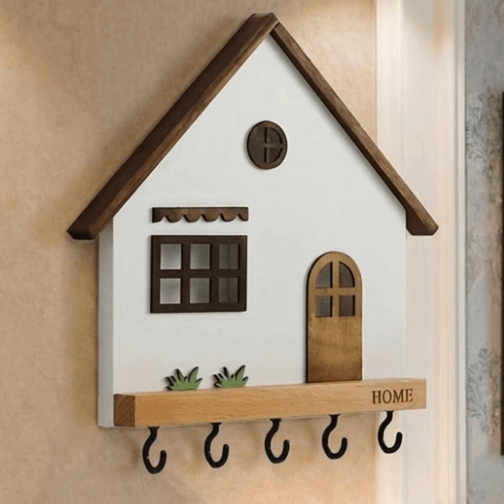 Wooden Wall Mount Key Holder 5-Hook Design House Shape Decorative Hooks Rustic Multi-Purpose Key Rack Bedroom Decorative Shelf