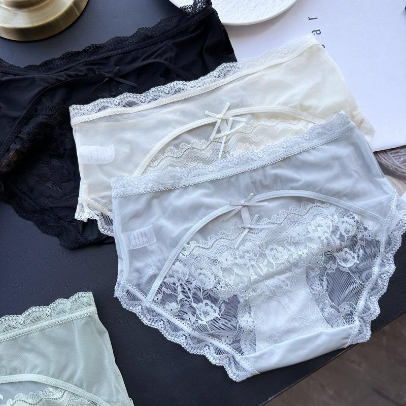 Ladies Spring Summer Sexy After Hollowed-out Ice Silk Gauze Lace Mid-waist Panties
