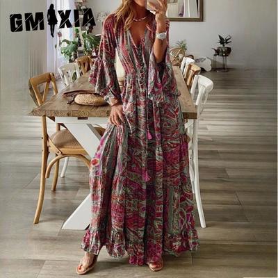 Праздничное платье в стиле бохо с расклешенными рукавами, V-образным вырезом и высокой талией, длинные цветочные женские платья