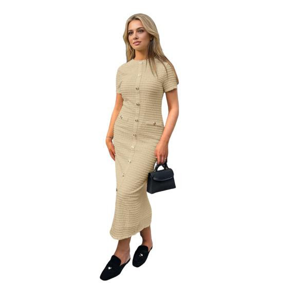 Женское вязаное макси-платье на пуговицах с коротким рукавом и круглым вырезом, прямое платье, официальное платье для гостей на свадьбу, вечеринки, коктейльное платье