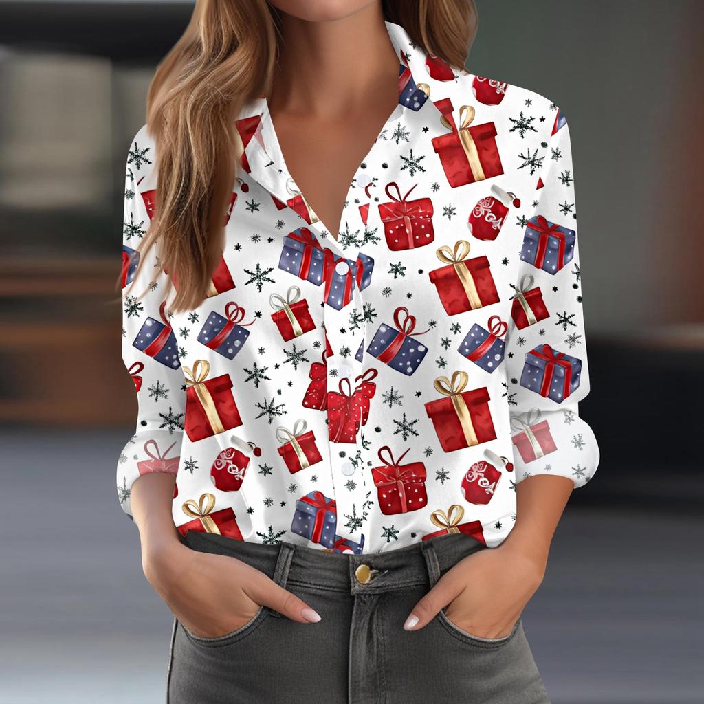 Women's Shirt Blouse Christmas Print Button Long Sleeve Casual Basic Shirt Collar Regular Top