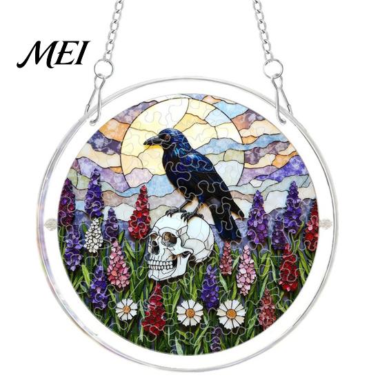 Decorative Glass Effect Pendant Halloween Acrylic Puzzle Window Suncatcher, Stained Style Hanging Ornament Retro Skeleton Pumpkin Crow with