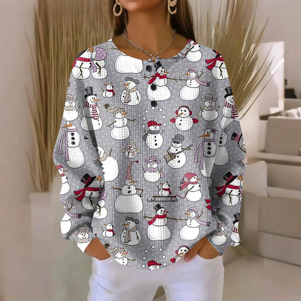 Women's Fashionable Casual Christmas Print V-Neck Long-Sleeved Button-Down Blouse