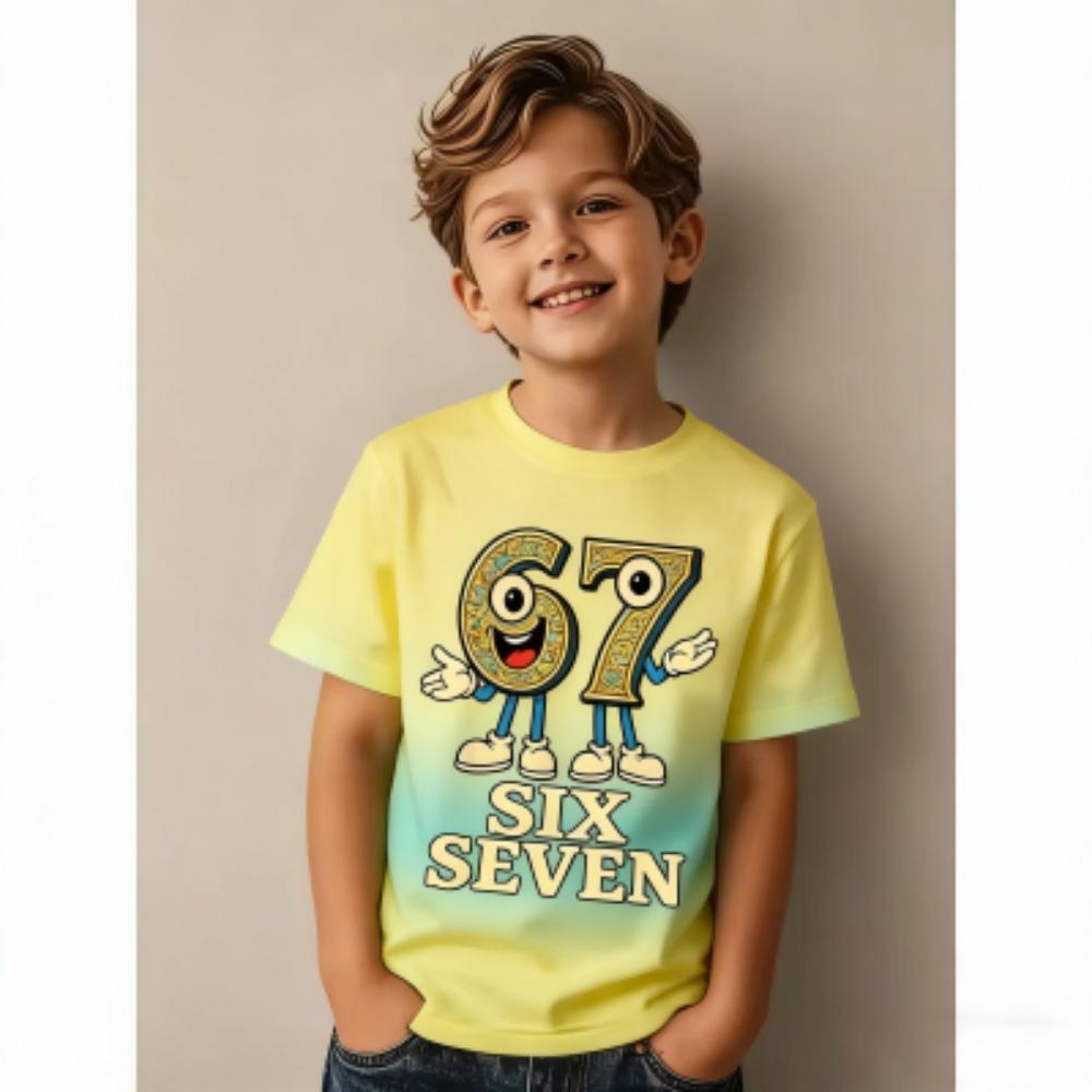 Fun Cartoon 67 Six Seven Multicolored Print Kids T-Shirts Summer Street Short-Sleeve Outdoor Casual Tops for Boy and Girl's Tees Top
