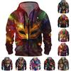Мужская спортивная повседневная флисовая толстовка с капюшоном с карнавальным принтом, кардиган с капюшоном на молнии и множеством карманов, пальто с капюшоном