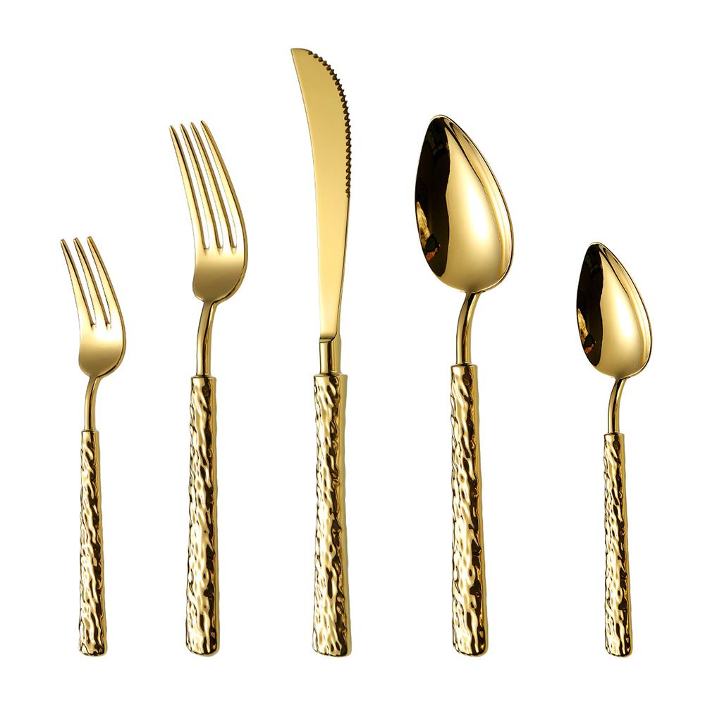 5pcs 304 Stainless Steel Flatware Set Knife Fork Spoon Silver Cutlery Western Mirror Hammer Pattern Tableware Dinnerware Dinner