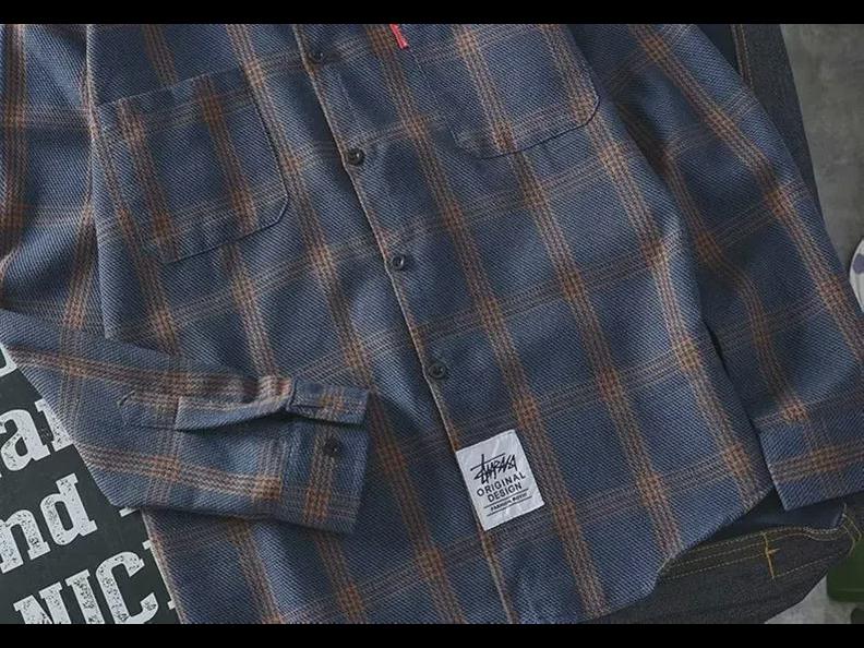 Рубашка унисекс с длинным рукавом в гонконгскую клетку: Модный, свободный крой, ретро-корейский стиль на все времена года