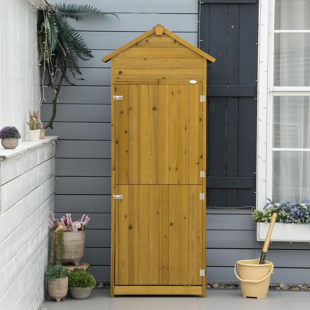 Wooden Garden Storage Shed Utility Gardener Cabinet w/ 3 Shelves and 2 Door, 191.5cm x 79cm x 49cm, Natural wood effect