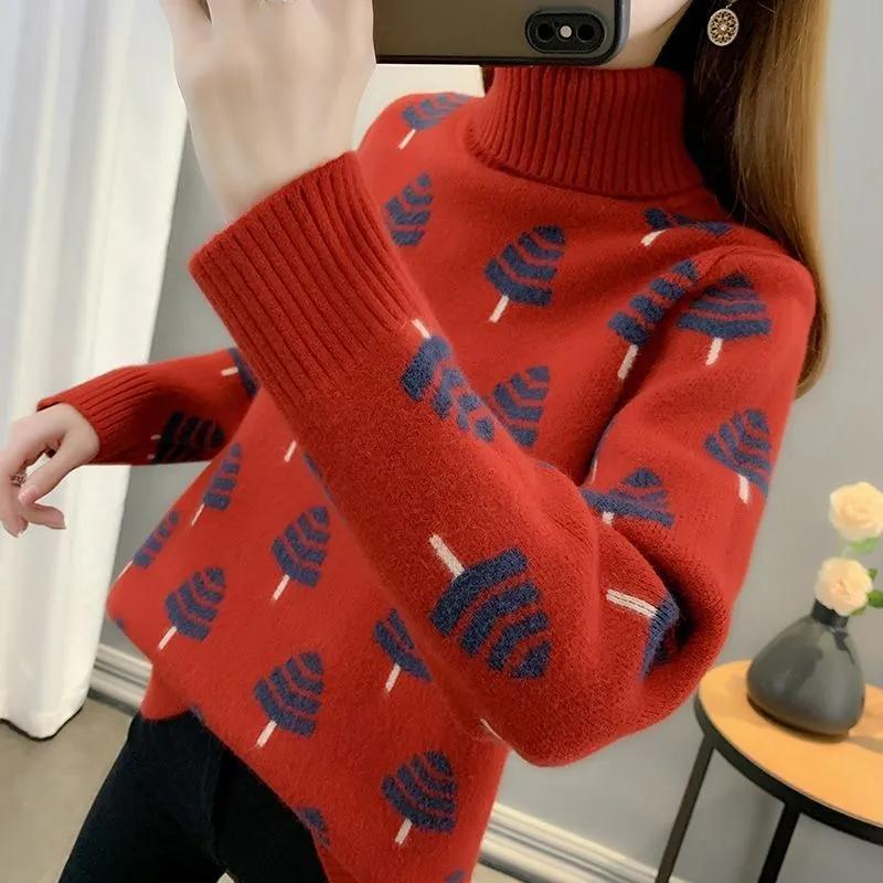 Свитер с высоким воротником и принтом для женщин, осенне-зимний жаккардовый вязаный нижний свитер для женской зимней одежды